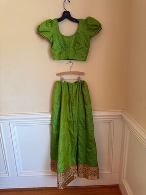 Stunning Parrot Green Silk Lehenga Choli Set – Gold Zari Border see measurements